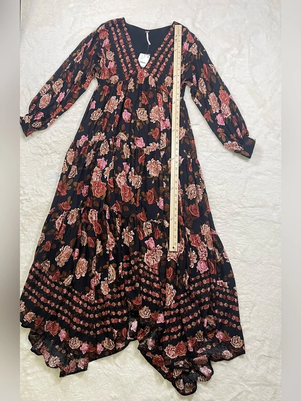 Free People Black Floral V-Neck Tiered Maxi Dress with Warm Blooms